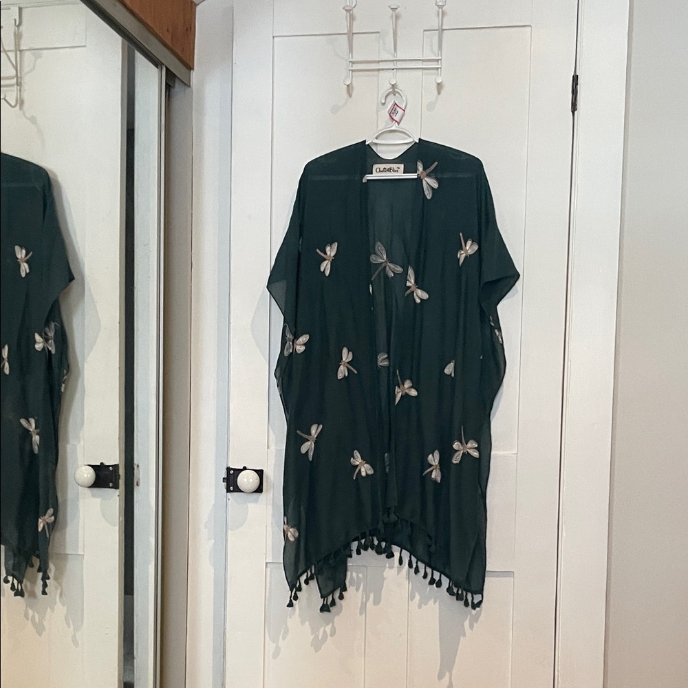#39, Dark Green Dragonfly Kimono Cover-Up with Tassel Hem